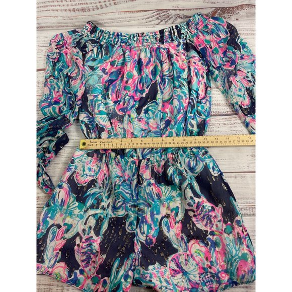 LILLY PULITZER Myri Silk Romper Bright Navy Caught Up sz XZ Off the Shoulder $18 - Picture 5 of 5